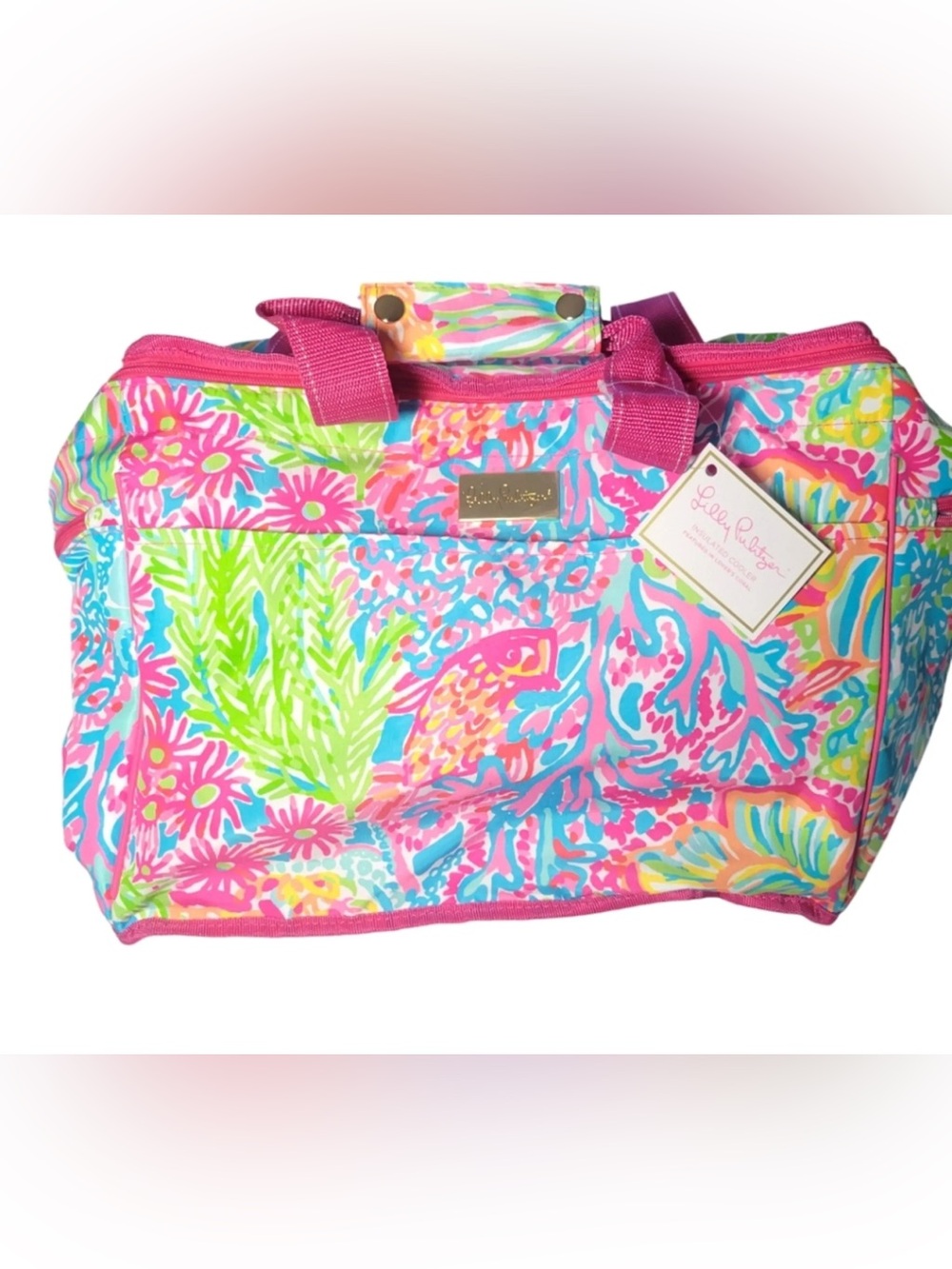 Lilly Pulitzer Colorful insulated cooler Floral Beach Tote with Hot Pink Handles - Picture 3 of 8